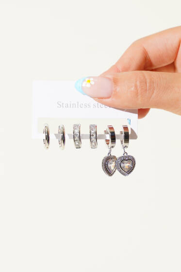 Kalp Taşlı Küpe Seti Gümüş - Küpe