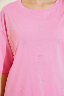 Kalp Taşlı T-shirt Pembe - Kadın Giyim Modelleri