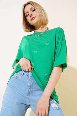 Kalp Taşlı T-shirt Yeşil - Kadın Giyim Modelleri