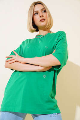 Kalp Taşlı T-shirt Yeşil