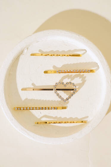 Kalp Taşlı Tel Toka Set Gold - Toka