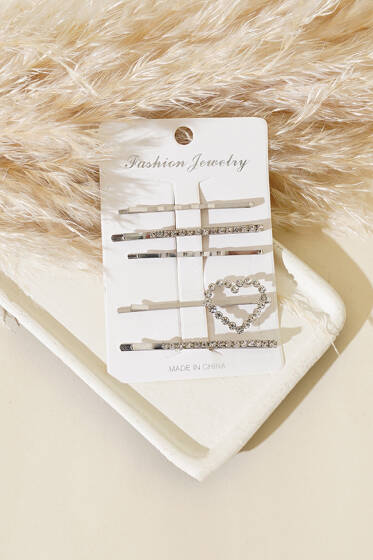 Kalp Taşlı Tel Toka Set Gümüş - Toka