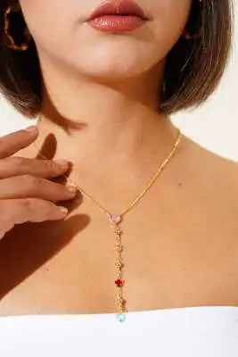 Kalp Taşlı Y Kolye Gold 