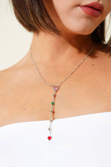 Kalp Taşlı Y Kolye Gümüş - Kolye