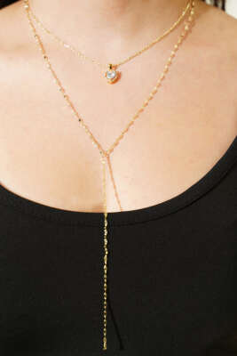 Kalp Taşlı Y Kolye Seti Gold - Günün Seçilenleri