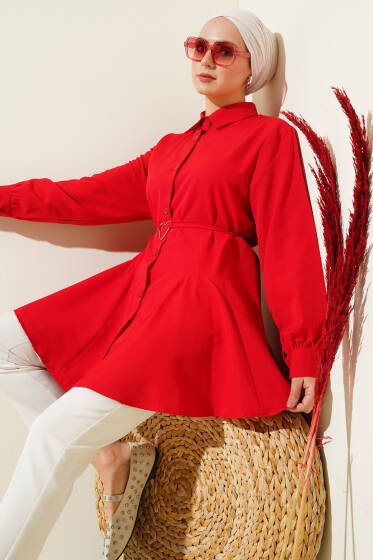 Kalp Tokalı Kuşaklı Gömlek Kırmızı - Gömlek