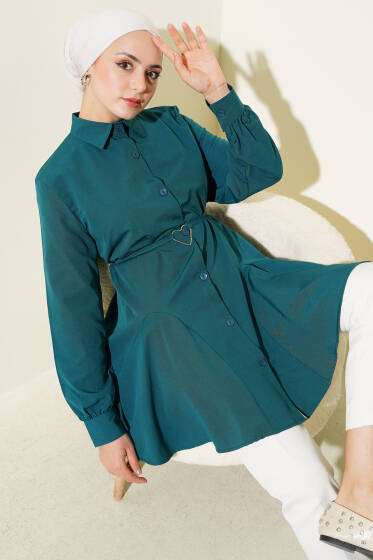 Kalp Tokalı Kuşaklı Gömlek Petrol - Gömlek