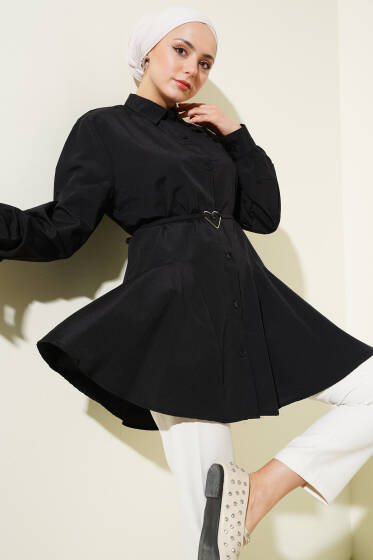 Kalp Tokalı Kuşaklı Gömlek Siyah - Gömlek