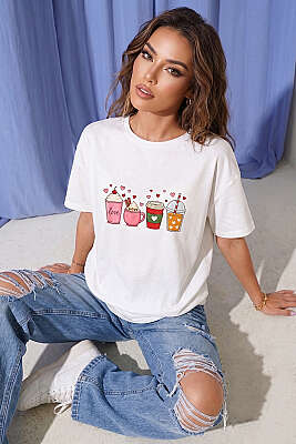 Kalpli Bardak Baskılı T-shirt Beyaz - DESFİTA