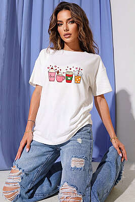 Kalpli Bardak Baskılı T-shirt Beyaz - Kadın Giyim Modelleri