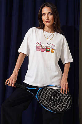 Kalpli Bardak Baskılı T-shirt Ekru - DESFİTA