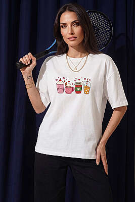 Kalpli Bardak Baskılı T-shirt Ekru - Kadın Giyim Modelleri