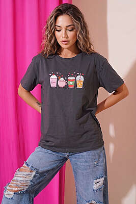 Kalpli Bardak Baskılı T-shirt Füme - DESFİTA
