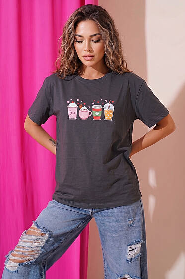 Kalpli Bardak Baskılı T-shirt Füme - Kadın Giyim Modelleri