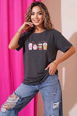 Kalpli Bardak Baskılı T-shirt Füme - Kadın Giyim Modelleri