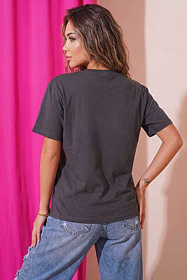 Kalpli Bardak Baskılı T-shirt Füme - Kadın Giyim Modelleri