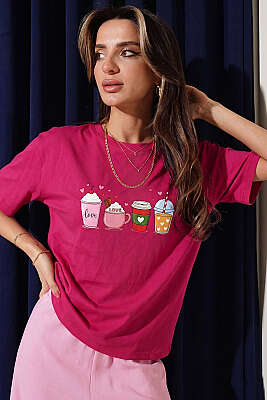 Kalpli Bardak Baskılı T-shirt Fuşya - DESFİTA