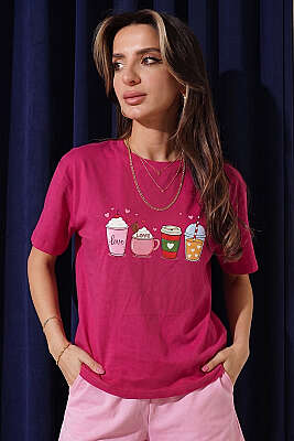Kalpli Bardak Baskılı T-shirt Fuşya - Kadın Giyim Modelleri
