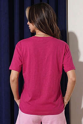 Kalpli Bardak Baskılı T-shirt Fuşya - Kadın Giyim Modelleri