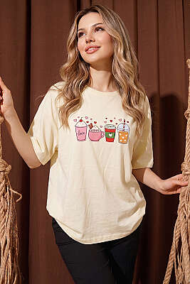 Kalpli Bardak Baskılı T-shirt Krem - DESFİTA
