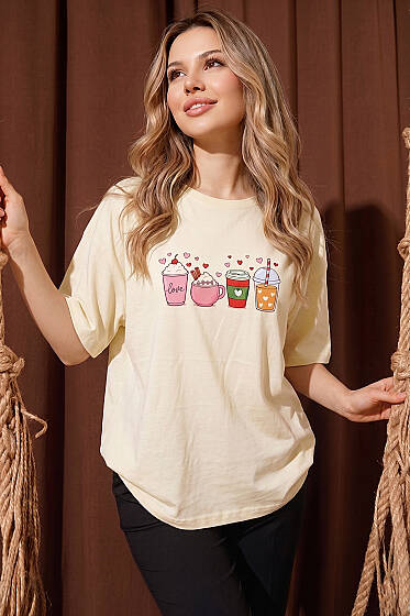 Kalpli Bardak Baskılı T-shirt Krem - Kadın Giyim Modelleri