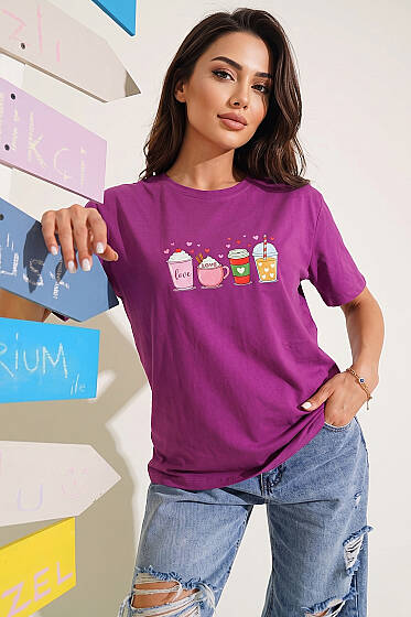 Kalpli Bardak Baskılı T-shirt Mor - Kadın Giyim Modelleri