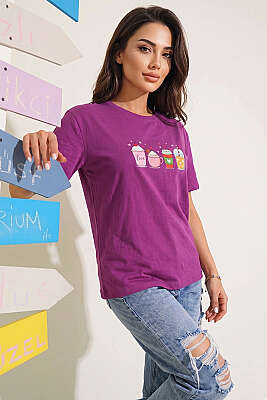 Kalpli Bardak Baskılı T-shirt Mor - Kadın Giyim Modelleri