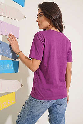 Kalpli Bardak Baskılı T-shirt Mor - Kadın Giyim Modelleri