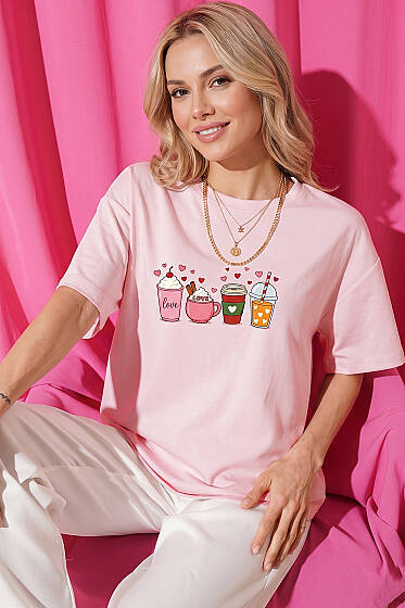 Kalpli Bardak Baskılı T-shirt Pudra - Kadın Giyim Modelleri