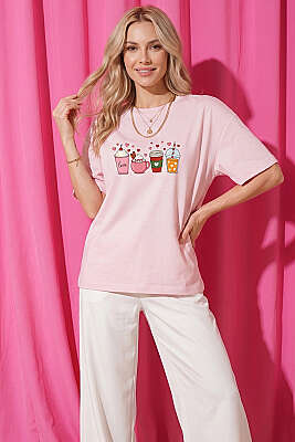 Kalpli Bardak Baskılı T-shirt Pudra - Kadın Giyim Modelleri