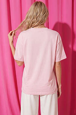 Kalpli Bardak Baskılı T-shirt Pudra - Kadın Giyim Modelleri