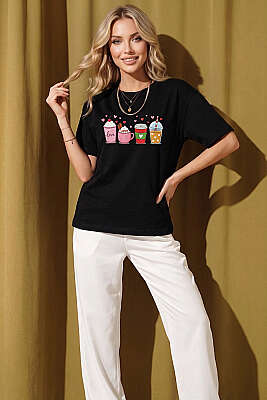 Kalpli Bardak Baskılı T-shirt Siyah - Kadın Giyim Modelleri