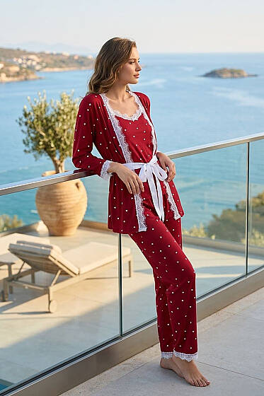 Kalpli Dantelli Sabahlıklı 3'lü Pijama Takımı Bordo - Pijama