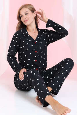 Kalpli Düğmeli Süet Pijama Takımı Siyah - Pijama