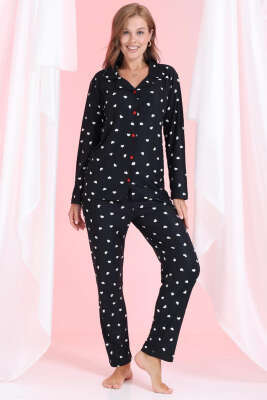 Kalpli Düğmeli Süet Pijama Takımı Siyah - Pijama