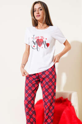 Kalpli Ekoseli Kısa Kol Pijama Takımı Beyaz - Kadın Pijama Takımı