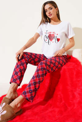 Kalpli Ekoseli Kısa Kol Pijama Takımı Beyaz - Kadın Pijama Takımı