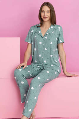 Kalpli Fiyonklu Kısa Kol Düğmeli Pijama Takımı Çağla Yeşili - Kadın Pijama Takımı
