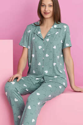 Kalpli Fiyonklu Kısa Kol Düğmeli Pijama Takımı Çağla Yeşili - Kadın Pijama Takımı