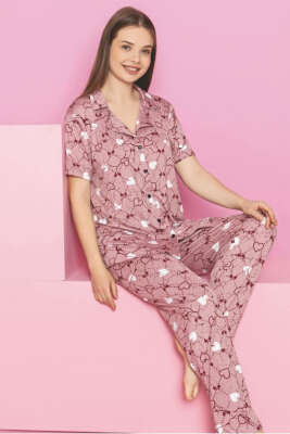 Kalpli Fiyonklu Kısa Kol Düğmeli Pijama Takımı Gül Kurusu 