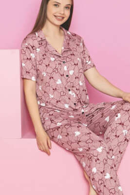 Kalpli Fiyonklu Kısa Kol Düğmeli Pijama Takımı Gül Kurusu - Kadın Pijama Takımı