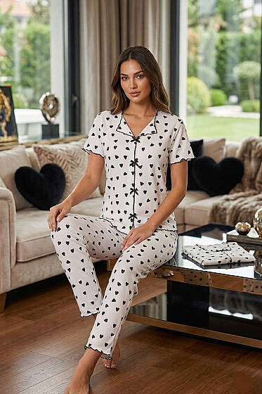 Kalpli Kurdele Detaylı Kısa Kollu Pijama Takımı Beyaz - Pijama