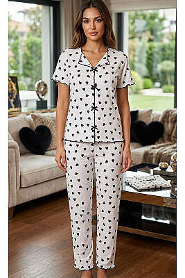 Kalpli Kurdele Detaylı Kısa Kollu Pijama Takımı Beyaz - Pijama