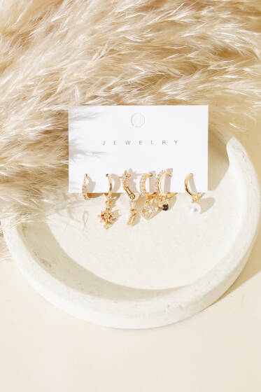 Kalpli Taşlı Karışık Küpe Set Gold - Küpe