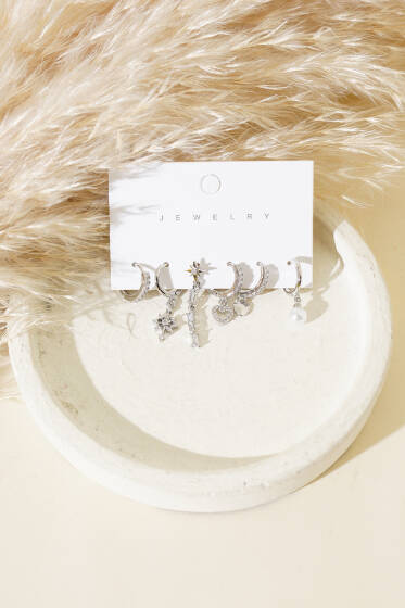 Kalpli Taşlı Karışık Küpe Set Gümüş - Küpe