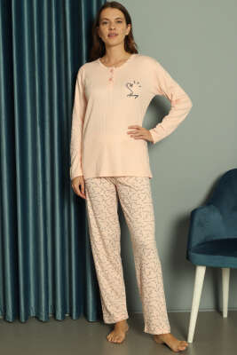 Kalpli Yazılı Kışlık Viscon Pijama Takımı Pudra - Kadın Pijama Takımı