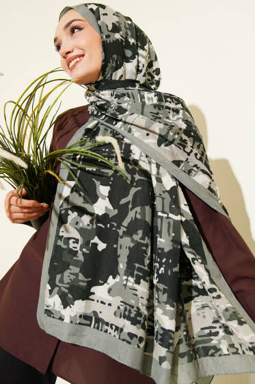 Kamuflaj Desenli Bambu Kraş Şal Siyah Taş -13 - Başörtüsü