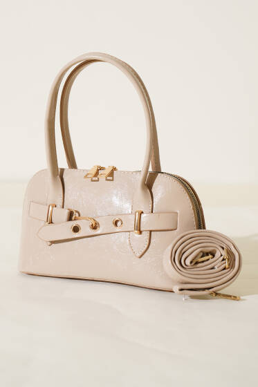 Kanca Detaylı Fermuarlı Rugan Çanta Bej - Kol Çantası