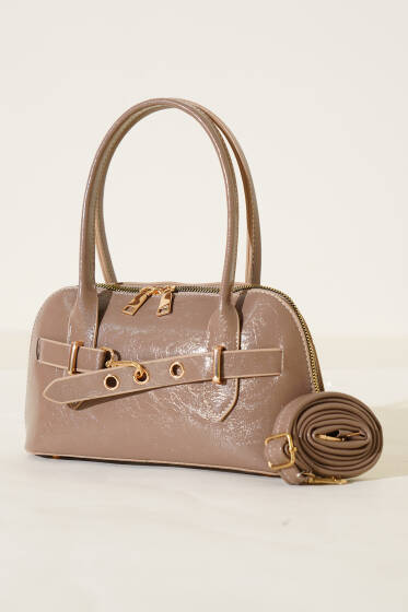 Kanca Detaylı Fermuarlı Rugan Çanta Vizon - Kol Çantası