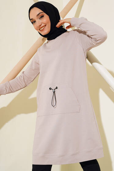 Kanguru Cep Lastikli Tunik Bej - Tunik